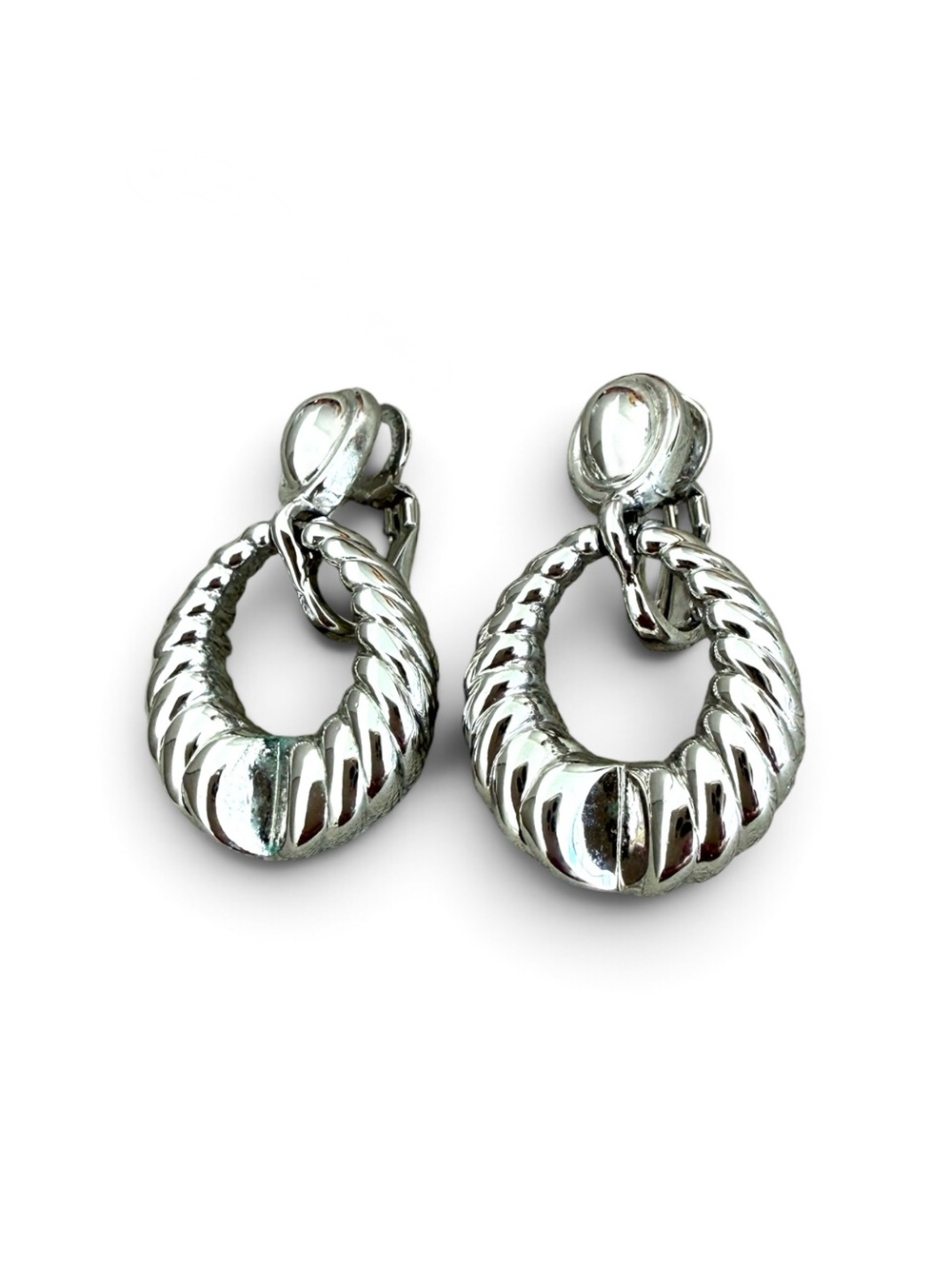 Nina Ricci Polished Silver Twisted Hoop Drop Earrings